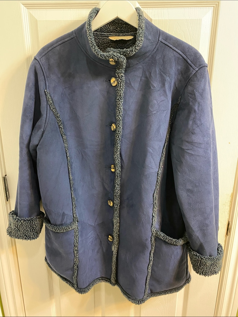 L.L. Bean Blue Faux Suede Sherpa Lined Shearling Coat Jacket Women’s Size Large